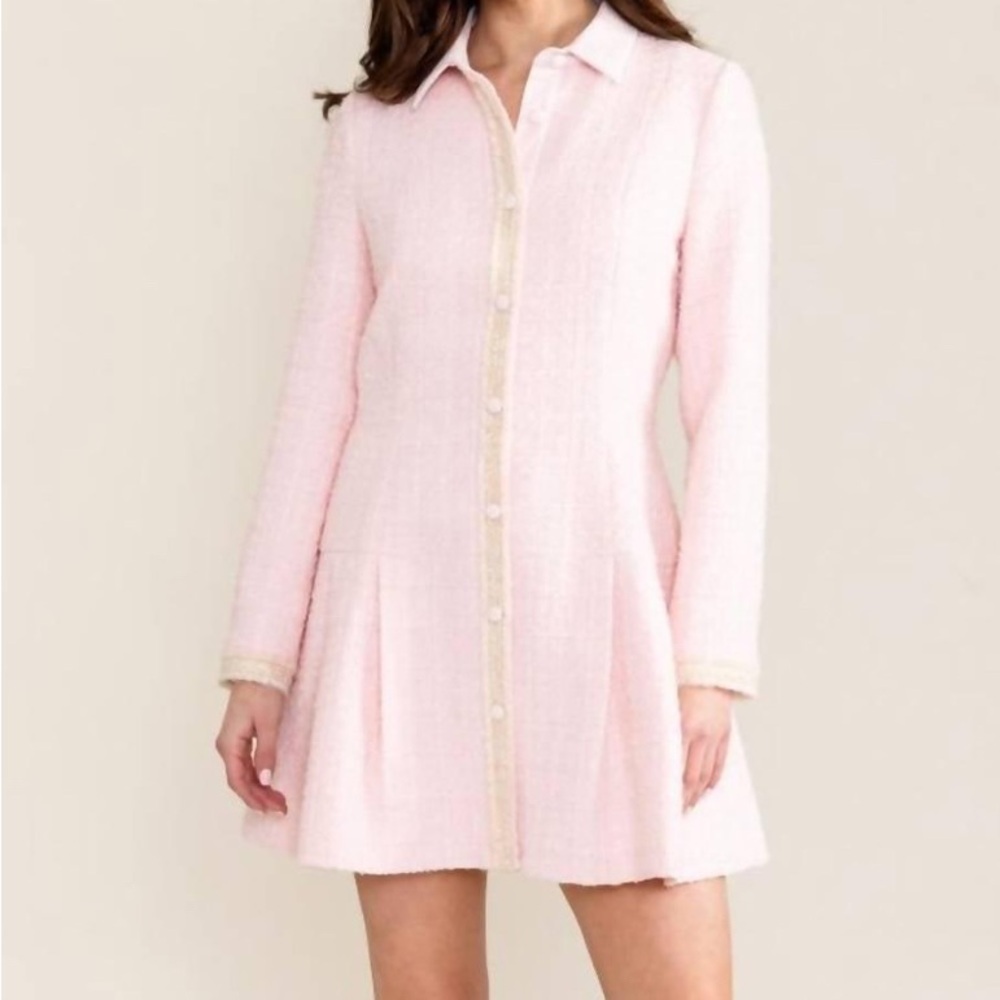 S’Edge Elegant Tweed Pink Button-Down Dress